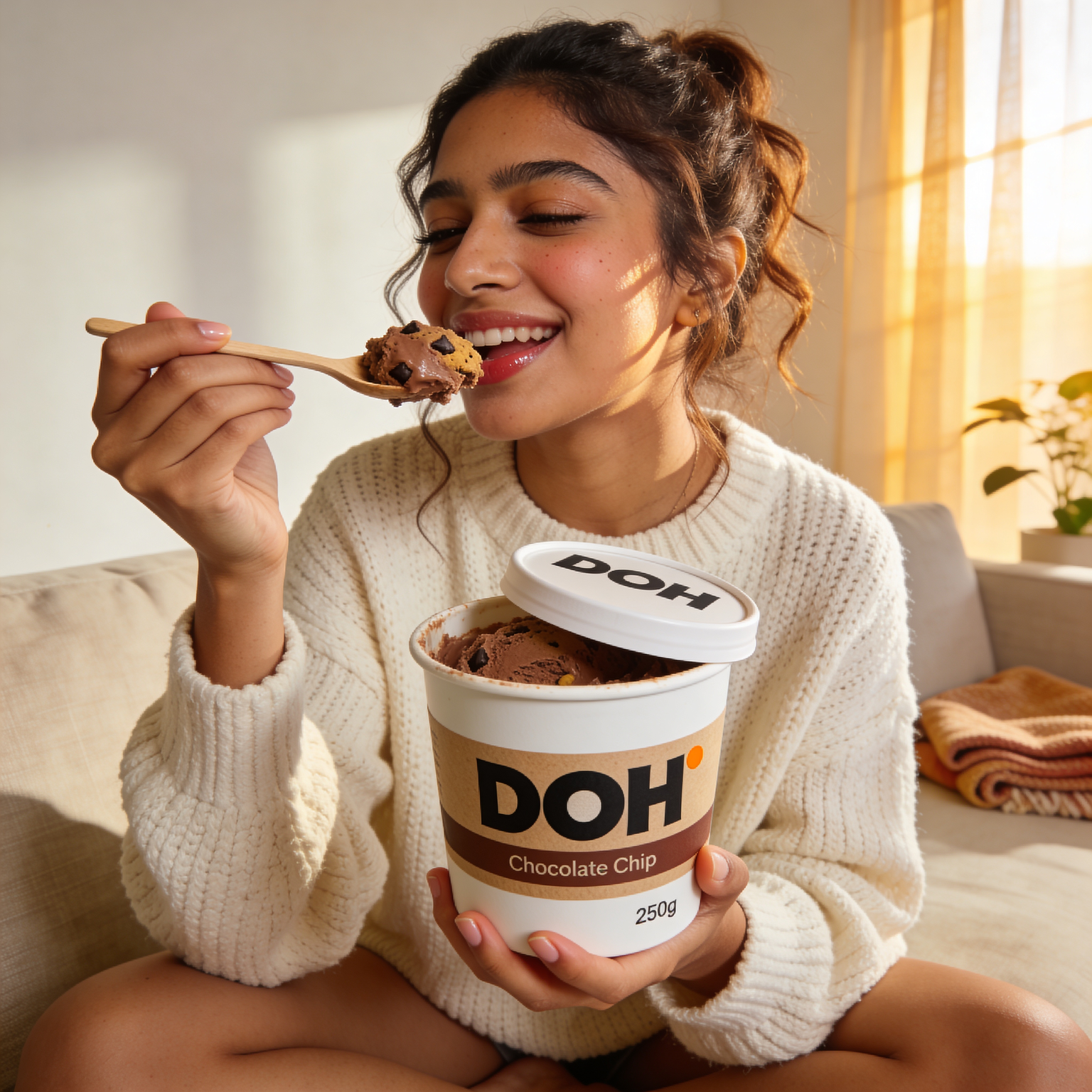 Lifestyle: young woman in cream sweater eating DOH cookie dough straight from the tub at home