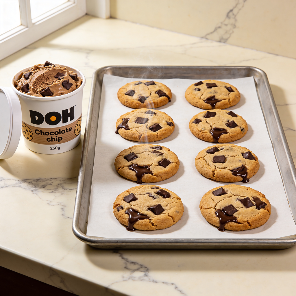 Eight freshly baked chocolate chip cookies on a tray beside an open DOH tub