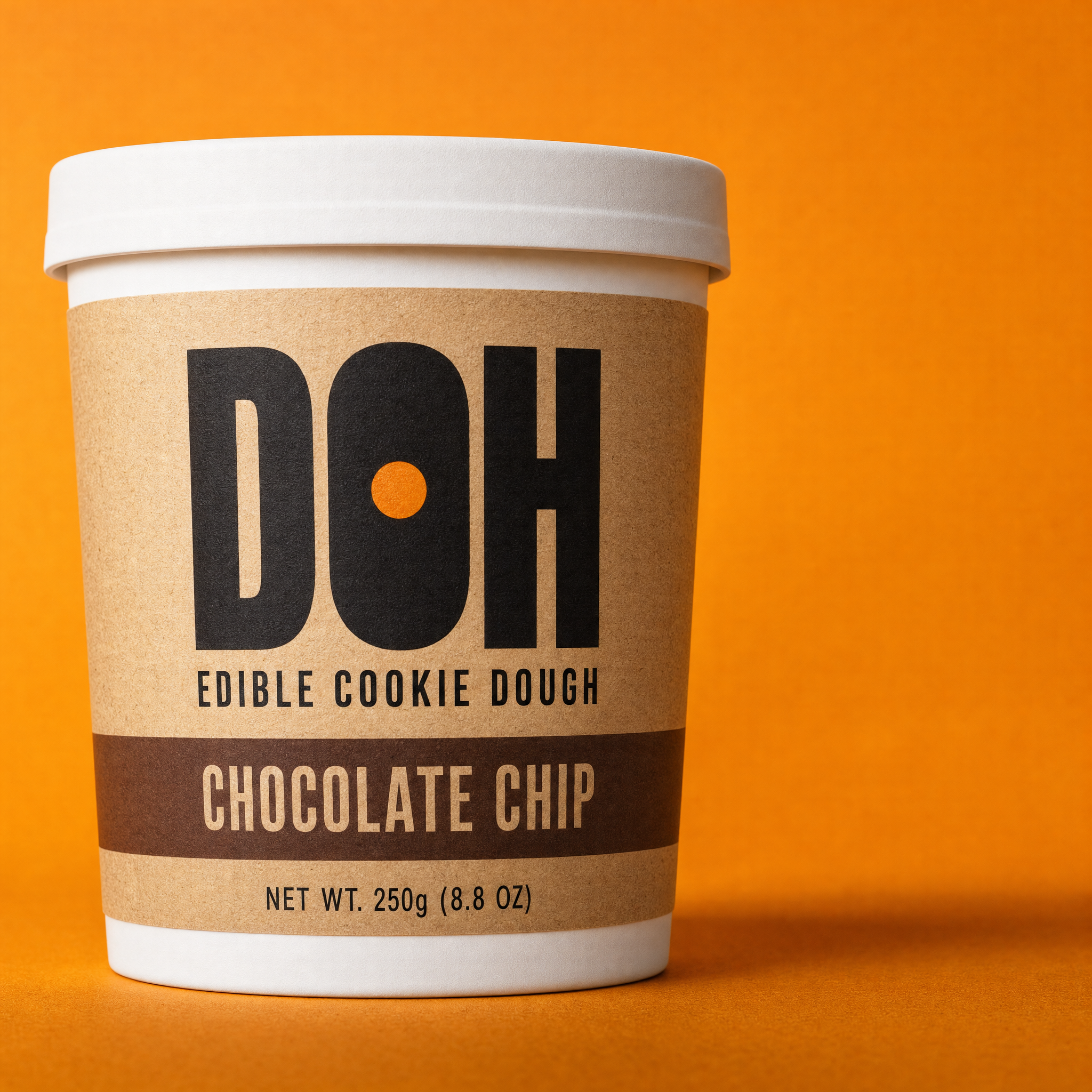 DOH tub on clean saffron backdrop — Meta ad ready pack shot