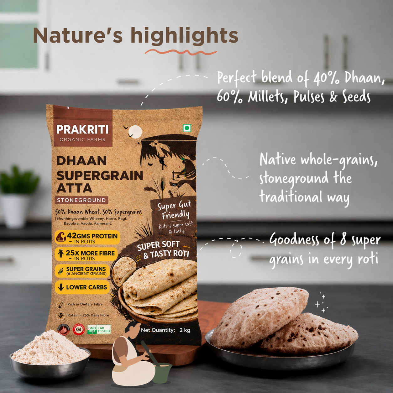 Dhaan | High Protein, High Fiber, Low Carbs Atta (3 KG)