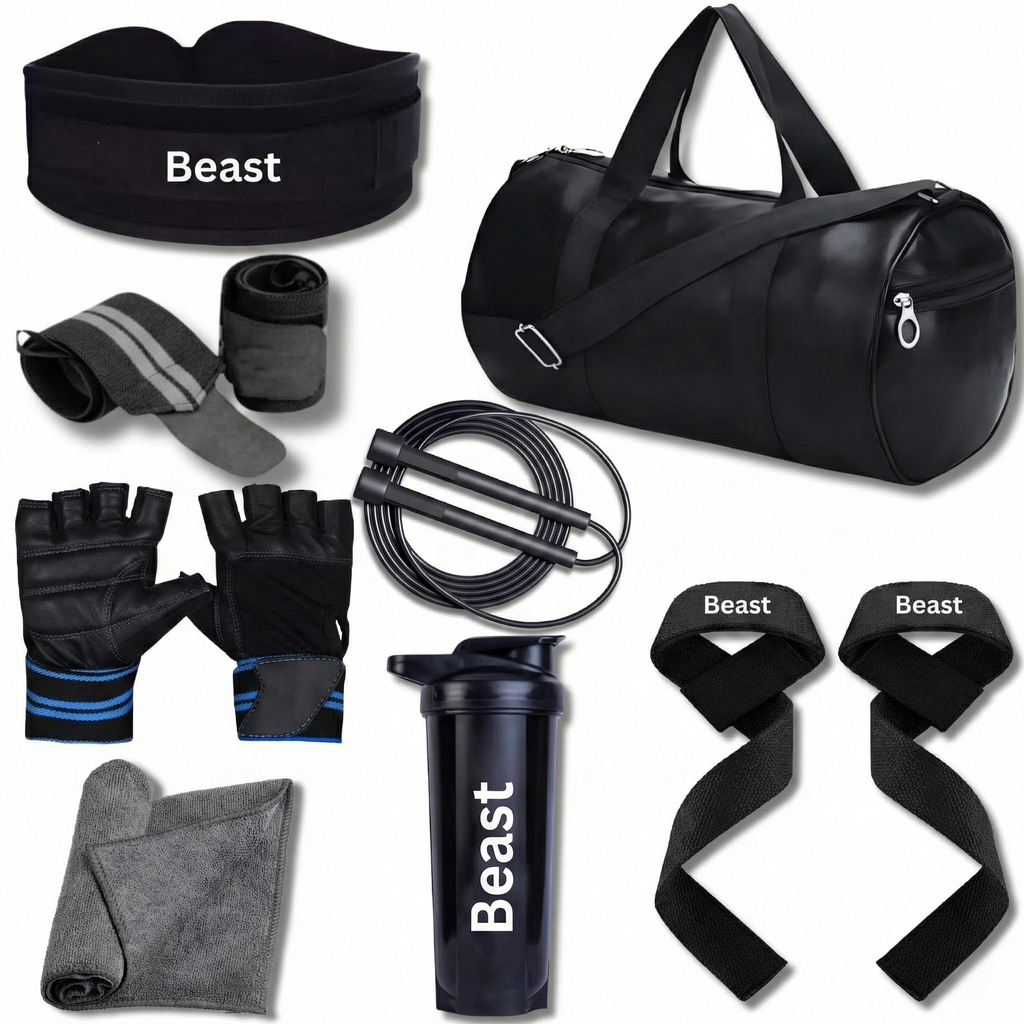 Beast Premium Gym Accessories Combo for Man and Woman Gym Kit for Home Workout with Gym Bag, Shaker, Rope, Wrist Band, Towel, Gloves, Deadlift Straps & Belt
