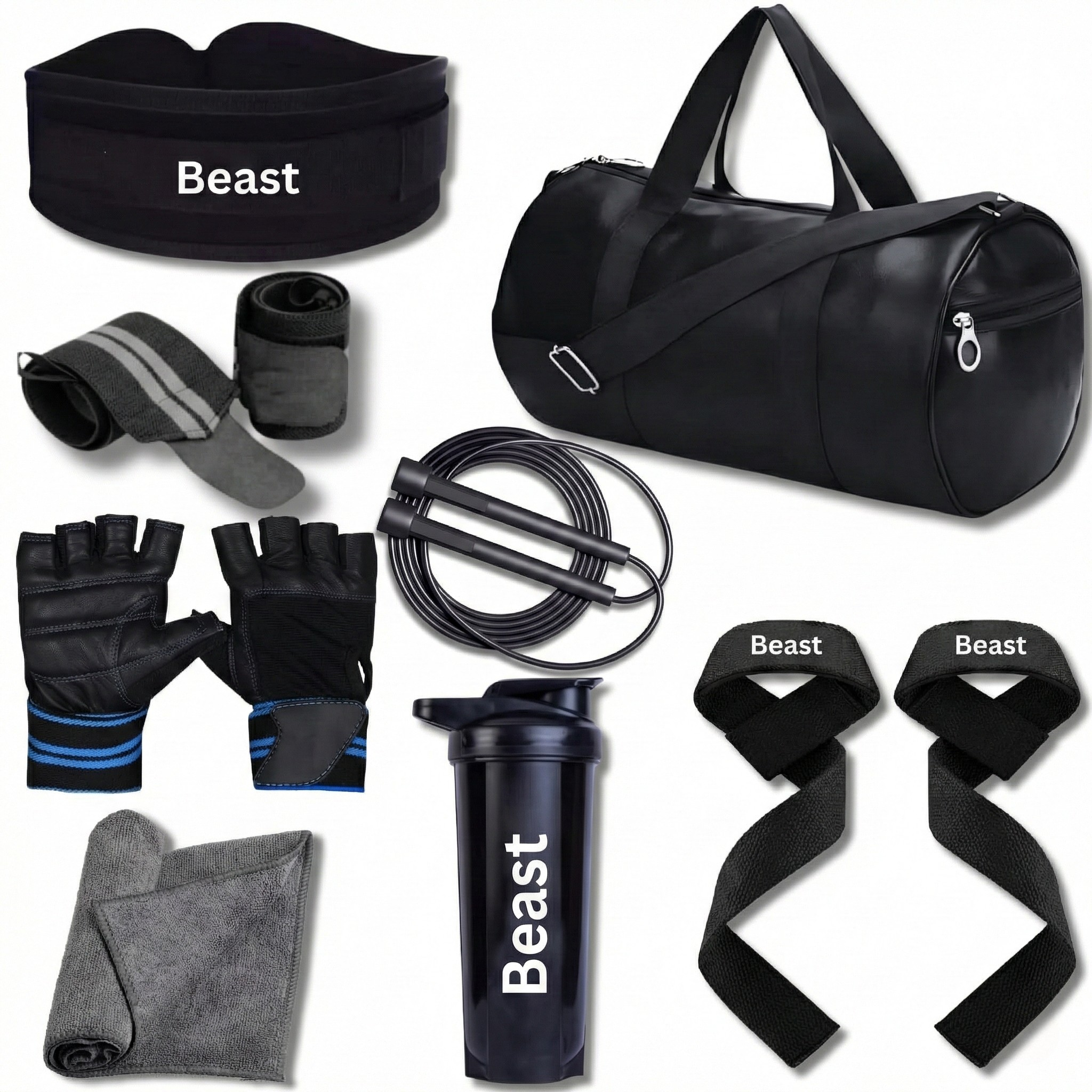 Beast Premium Gym Accessories Combo for Man and Woman Gym Kit for Home Workout with Gym Bag, Shaker, Rope, Wrist Band, Towel, Gloves, Deadlift Straps & Belt