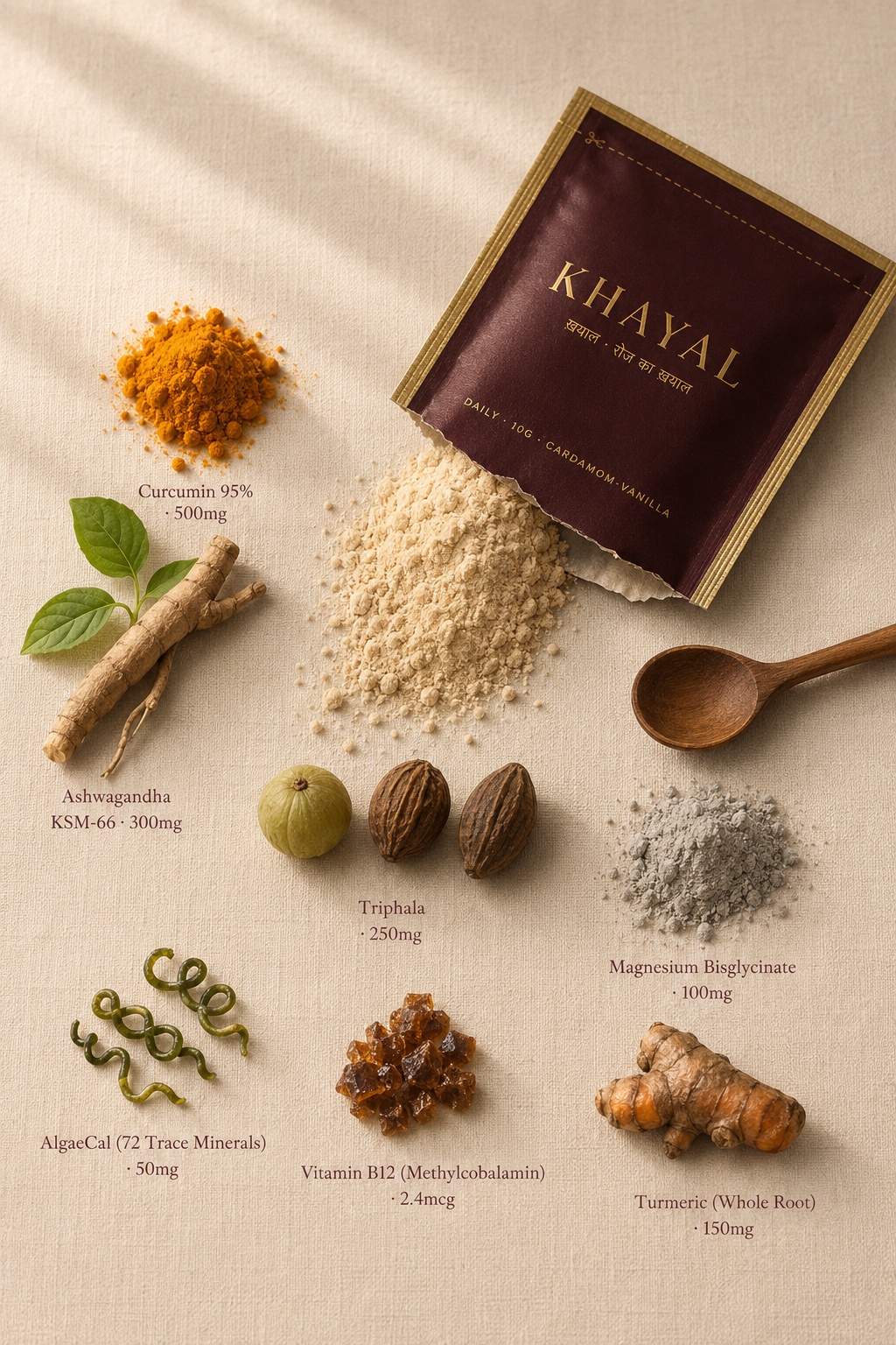 Khayal Daily — 8 actives apothecary flatlay