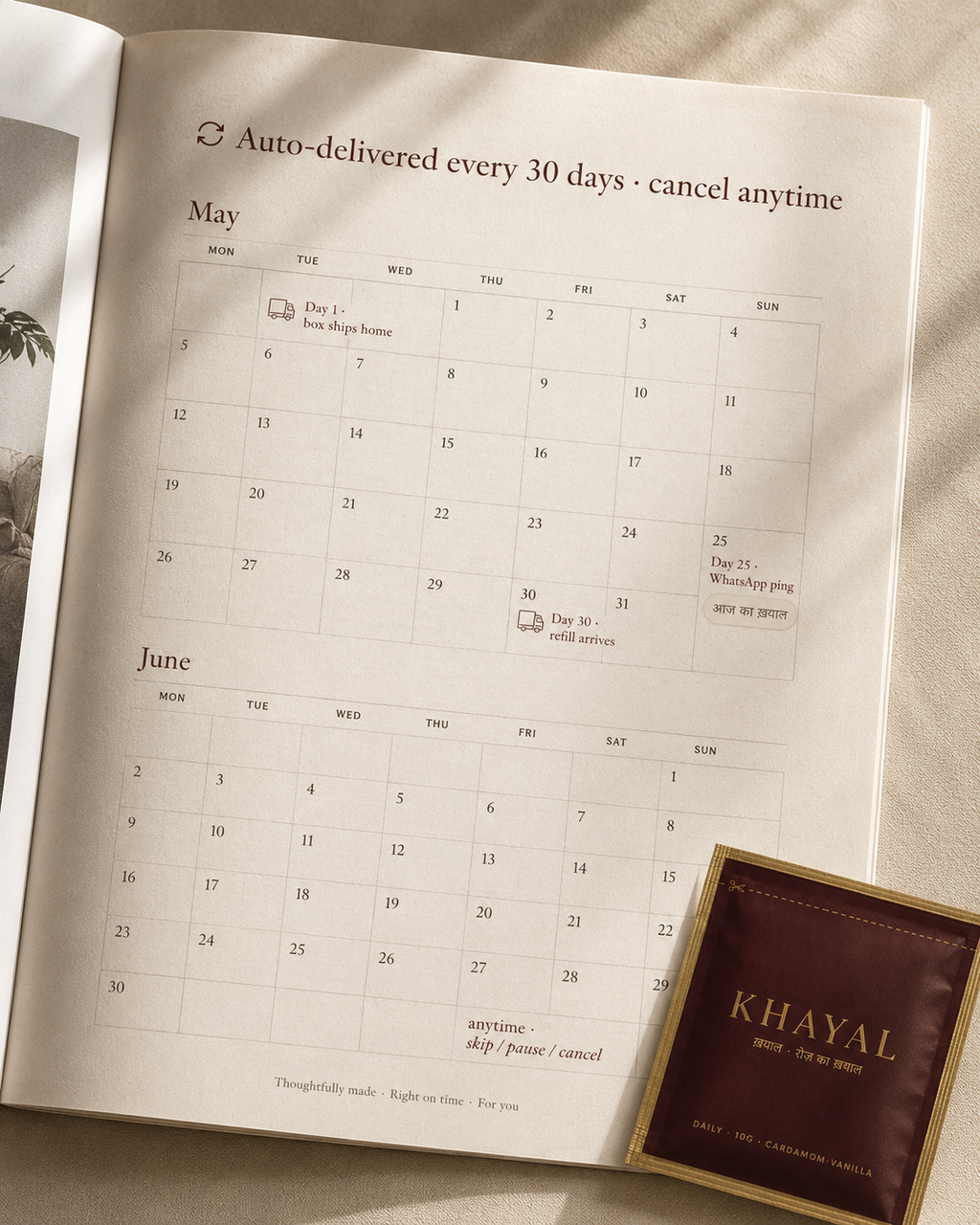 Khayal Daily — auto-delivery calendar infographic