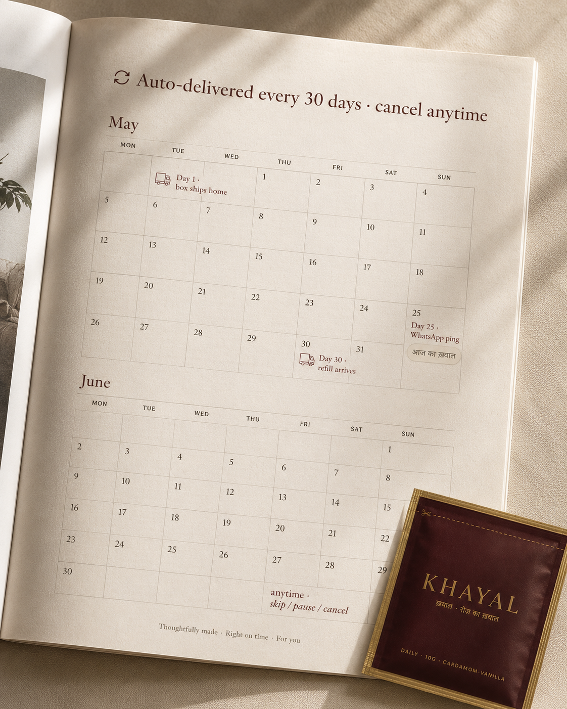 Khayal Daily — auto-delivery calendar infographic