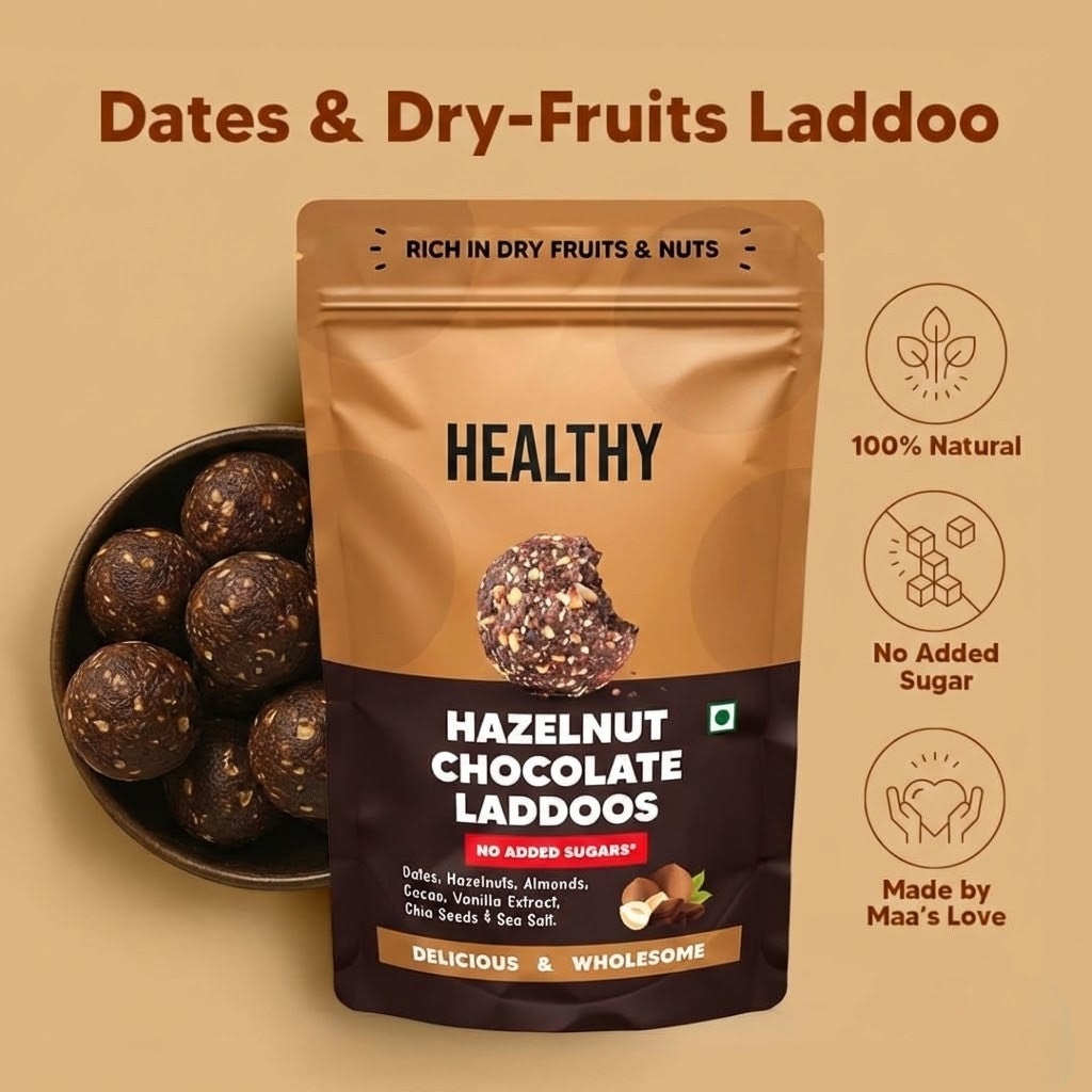 Healthy - Hazelnut & Chocolate - Dates & Dry-Fruits Laddoos - Pack of 20 | No Added Sugar, & Instant Energy