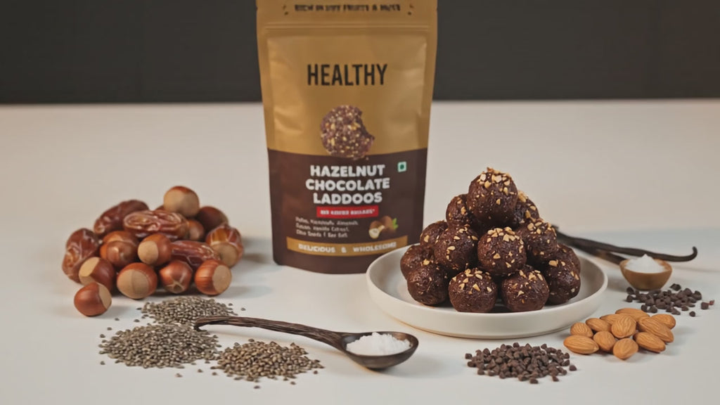 Healthy - Hazelnut & Chocolate - Dates & Dry-Fruits Laddoos - Pack of 20 | No Added Sugar, & Instant Energy