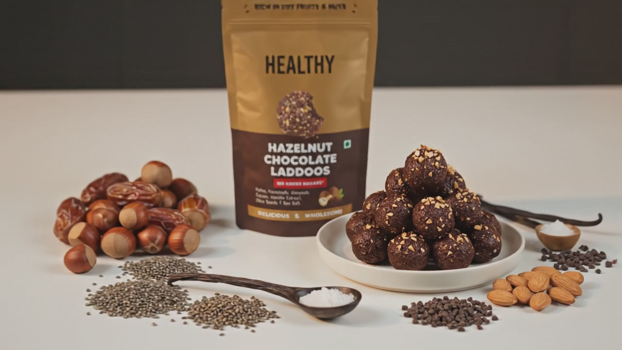 Healthy - Hazelnut & Chocolate - Dates & Dry-Fruits Laddoos - Pack of 20 | No Added Sugar, & Instant Energy