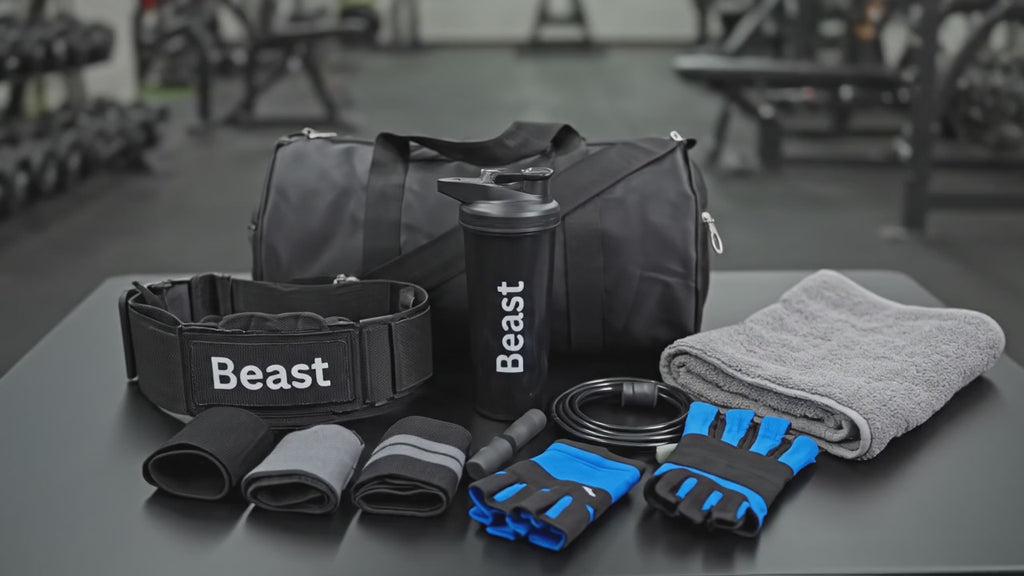 Beast Premium Gym Accessories Combo for Man and Woman Gym Kit for Home Workout with Gym Bag, Shaker, Rope, Wrist Band, Towel, Gloves, Deadlift Straps & Belt