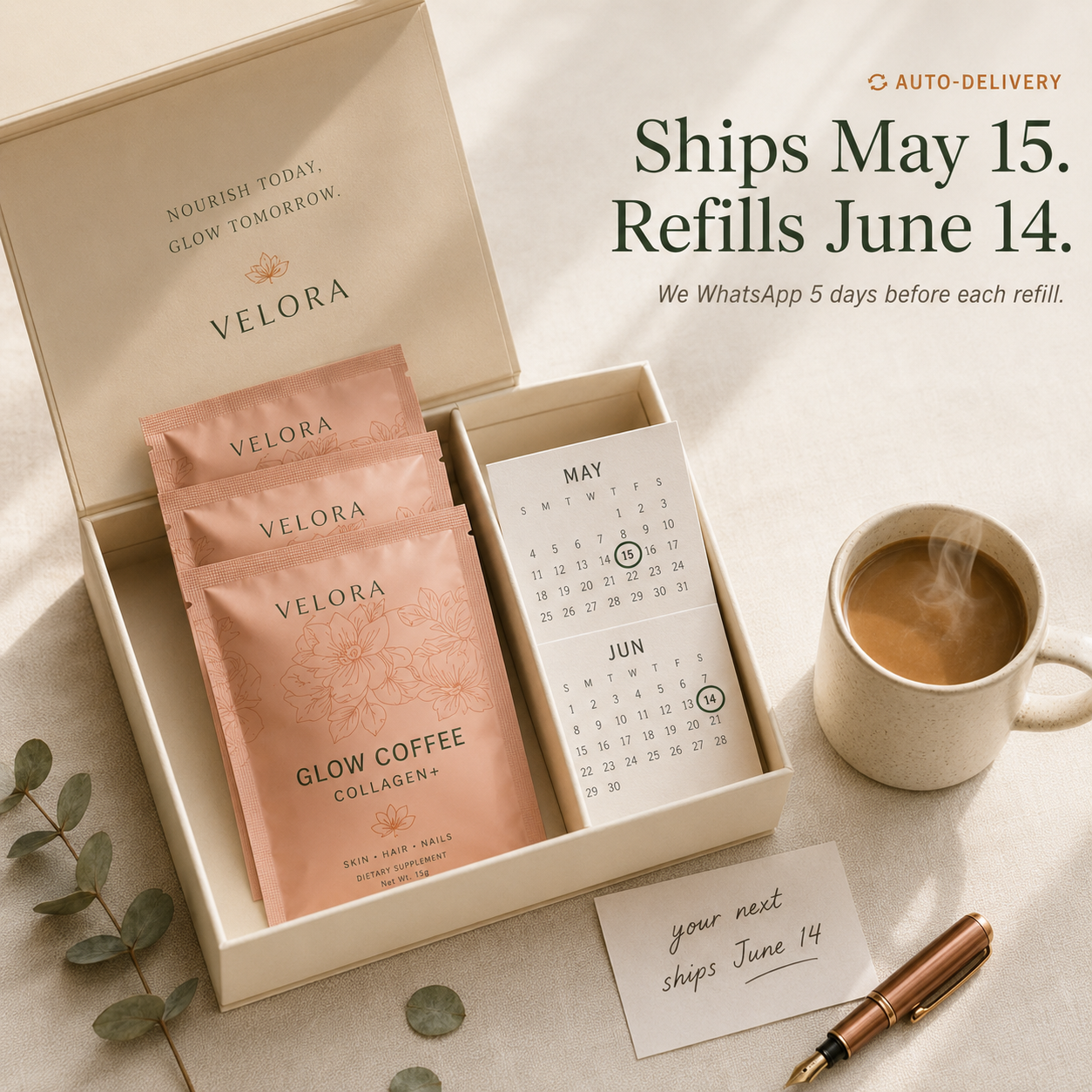 Auto-delivery calendar · ships May 15 refills June 14
