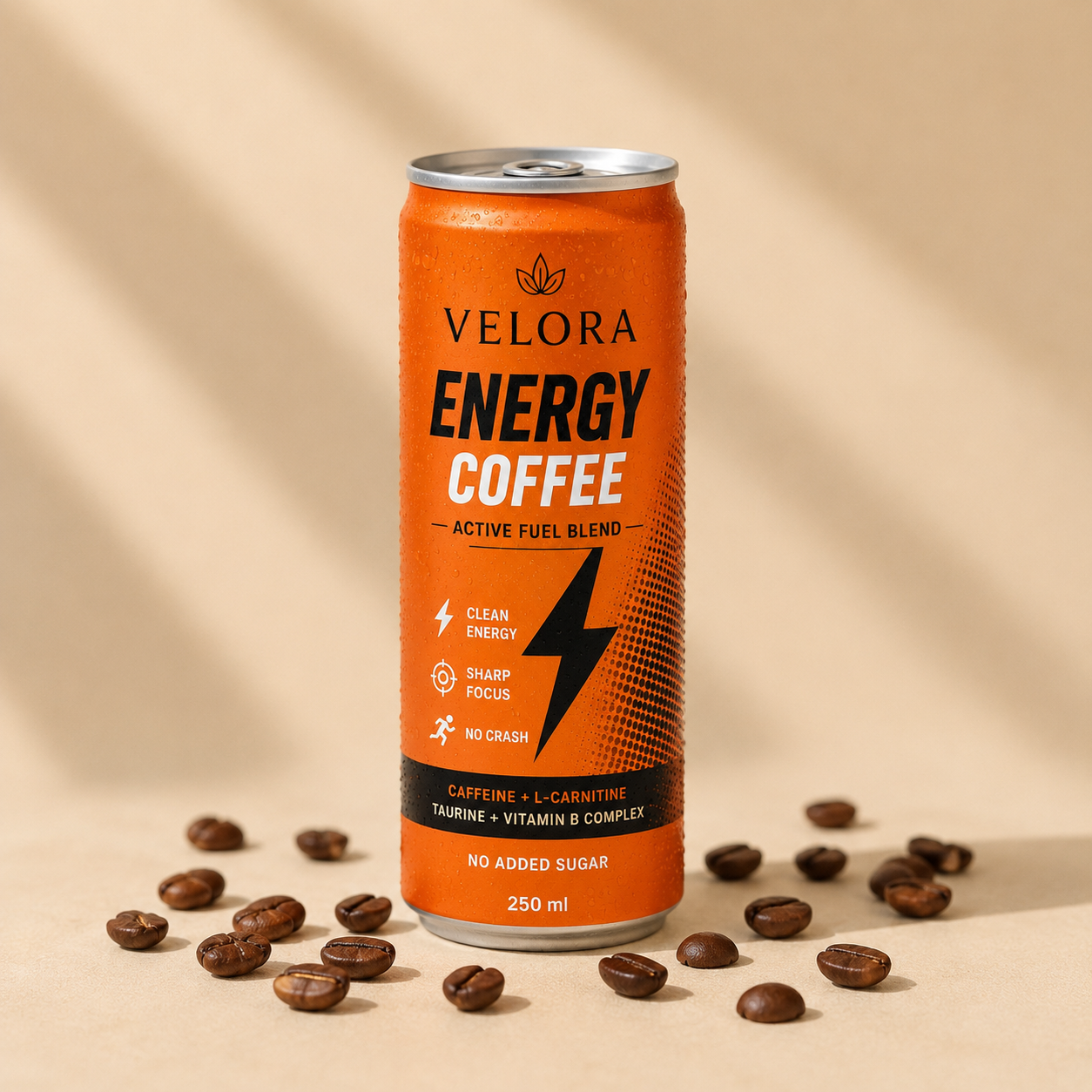 Velora Energy Coffee 250ml RTD can hero on warm beige