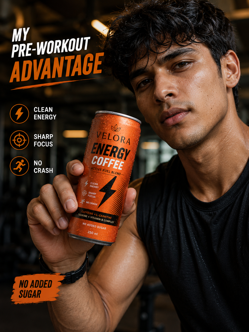 Indian man pre-workout with Velora Energy Coffee can
