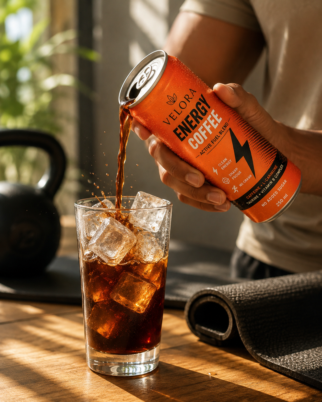 Cold pour Velora Energy Coffee into glass with ice