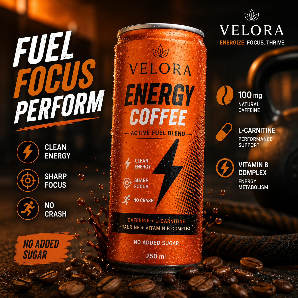 Velora Energy Coffee active lifestyle with kettlebell