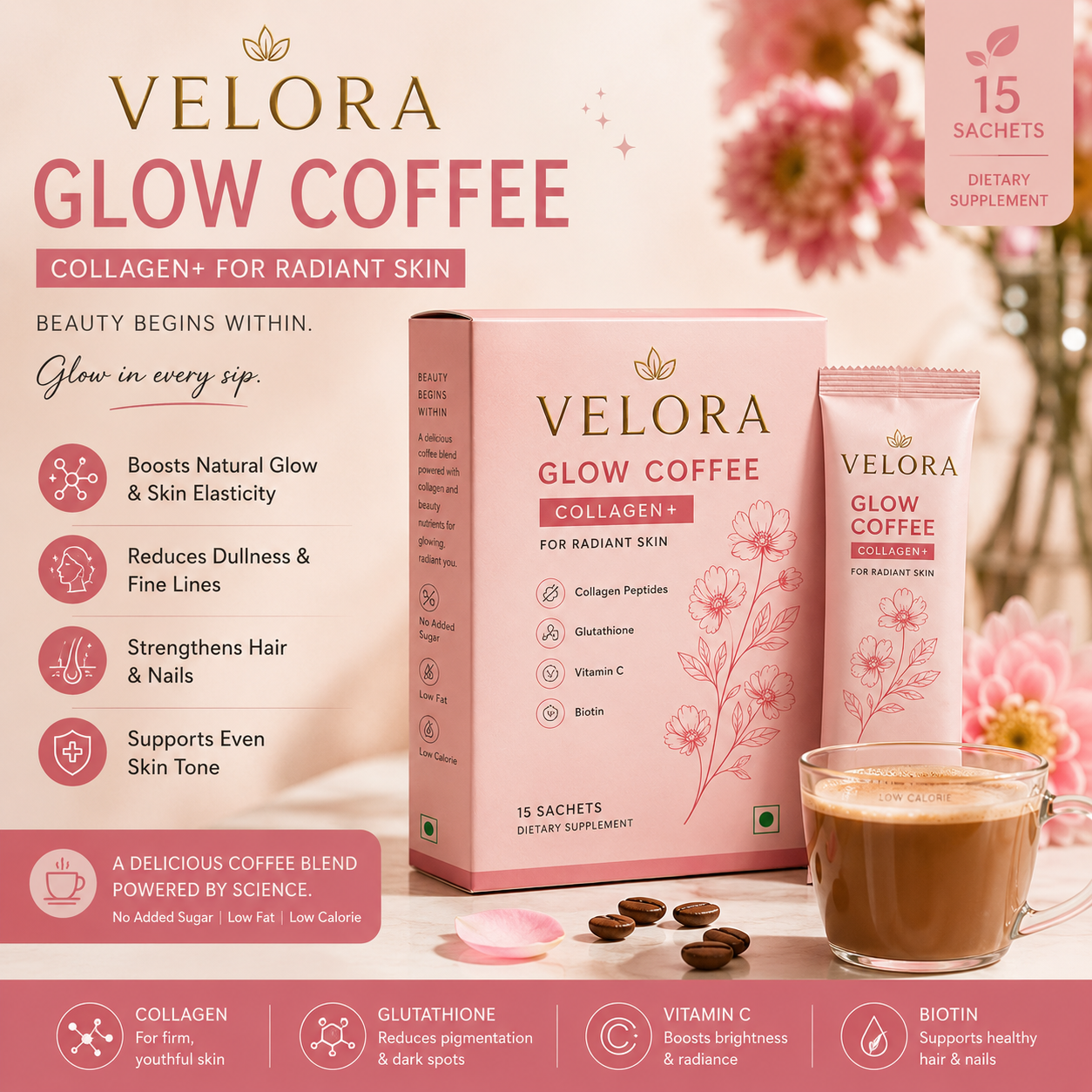 Velora Glow Coffee benefits — Collagen Peptides, Glutathione, Vitamin C, Biotin