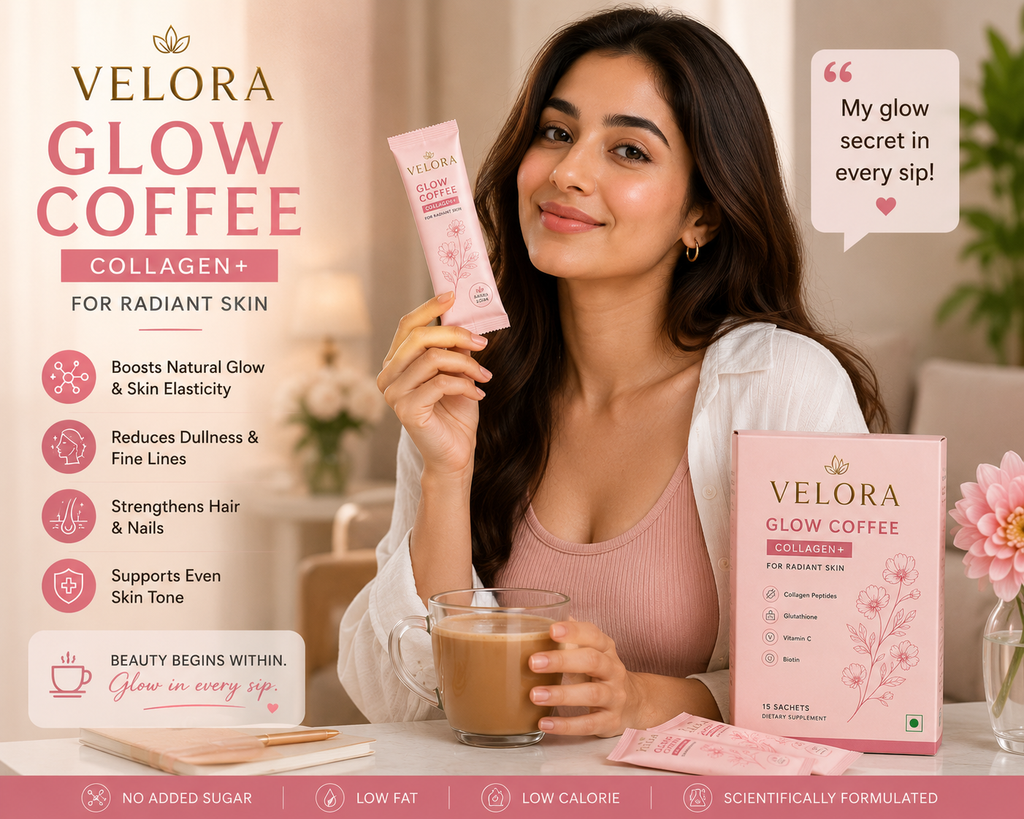 Velora Glow Coffee daily ritual — model holding sachet with cup of coffee