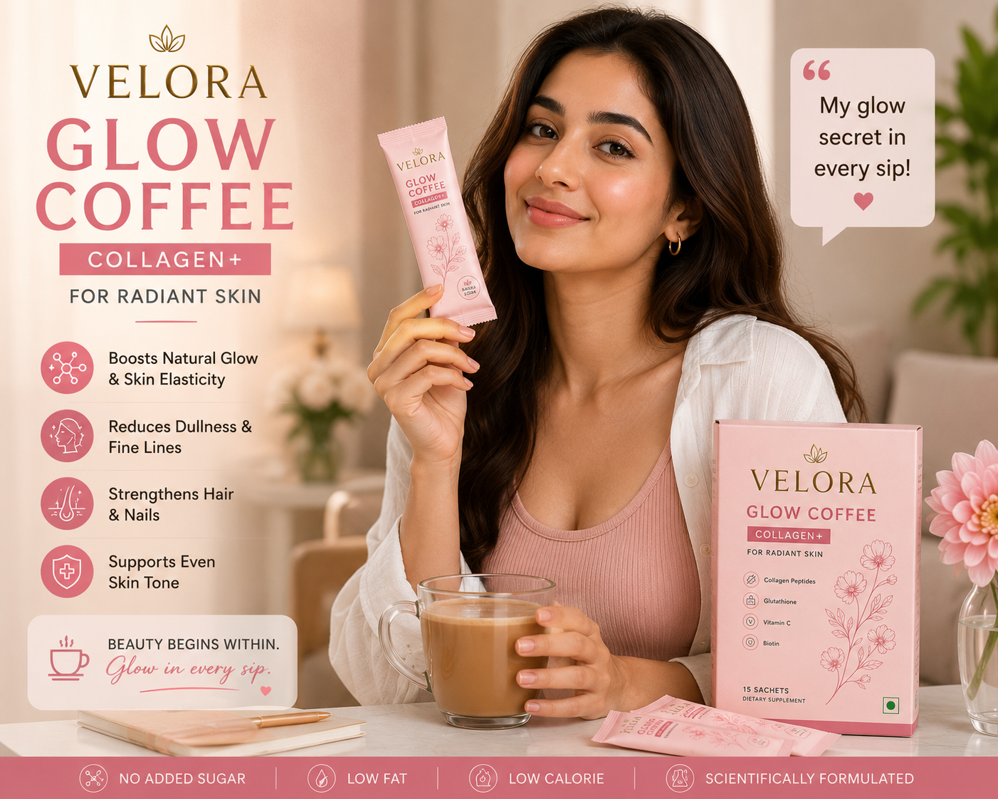 Velora Glow Coffee daily ritual — model holding sachet with cup of coffee