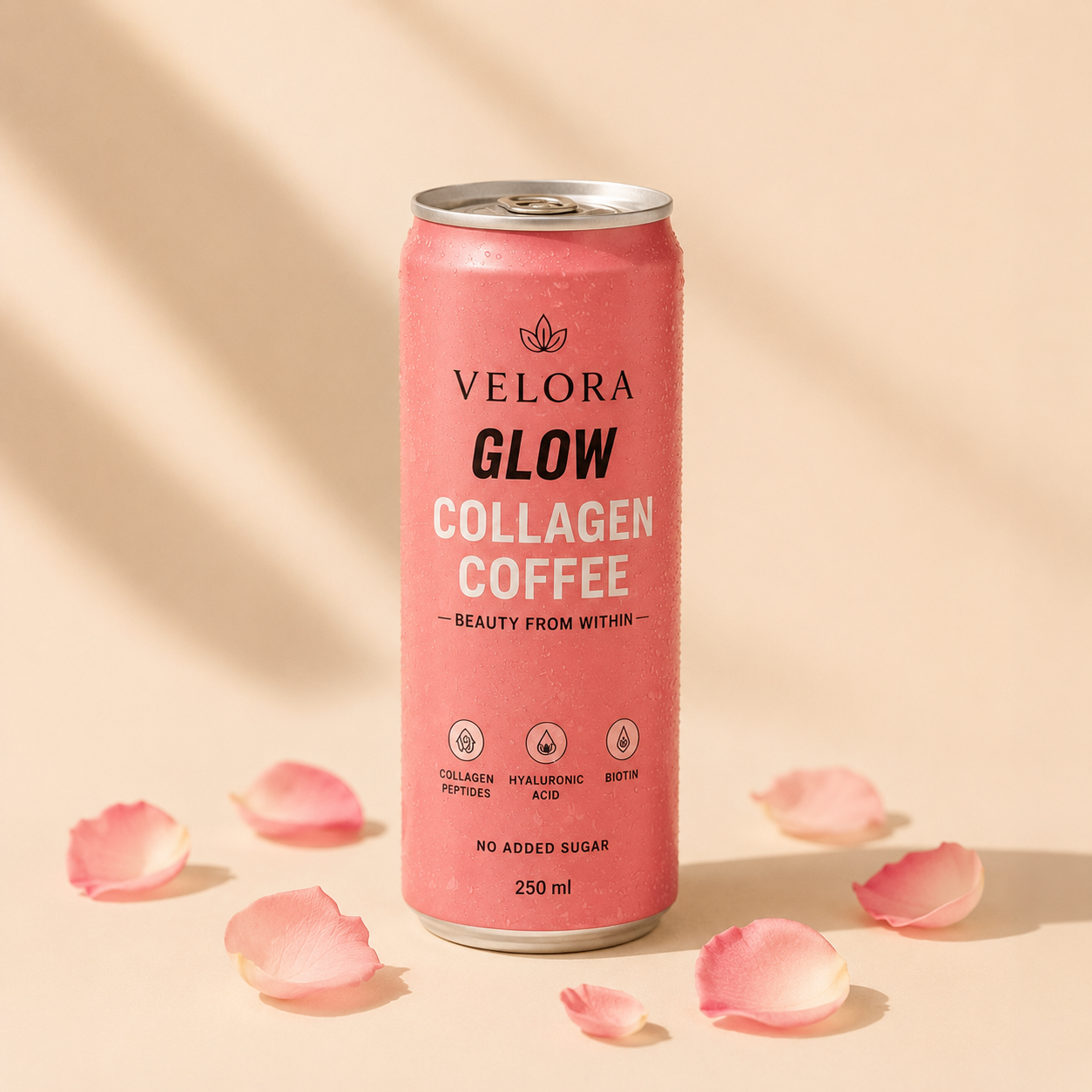 Velora Glow Collagen Coffee 250ml RTD can hero on cream