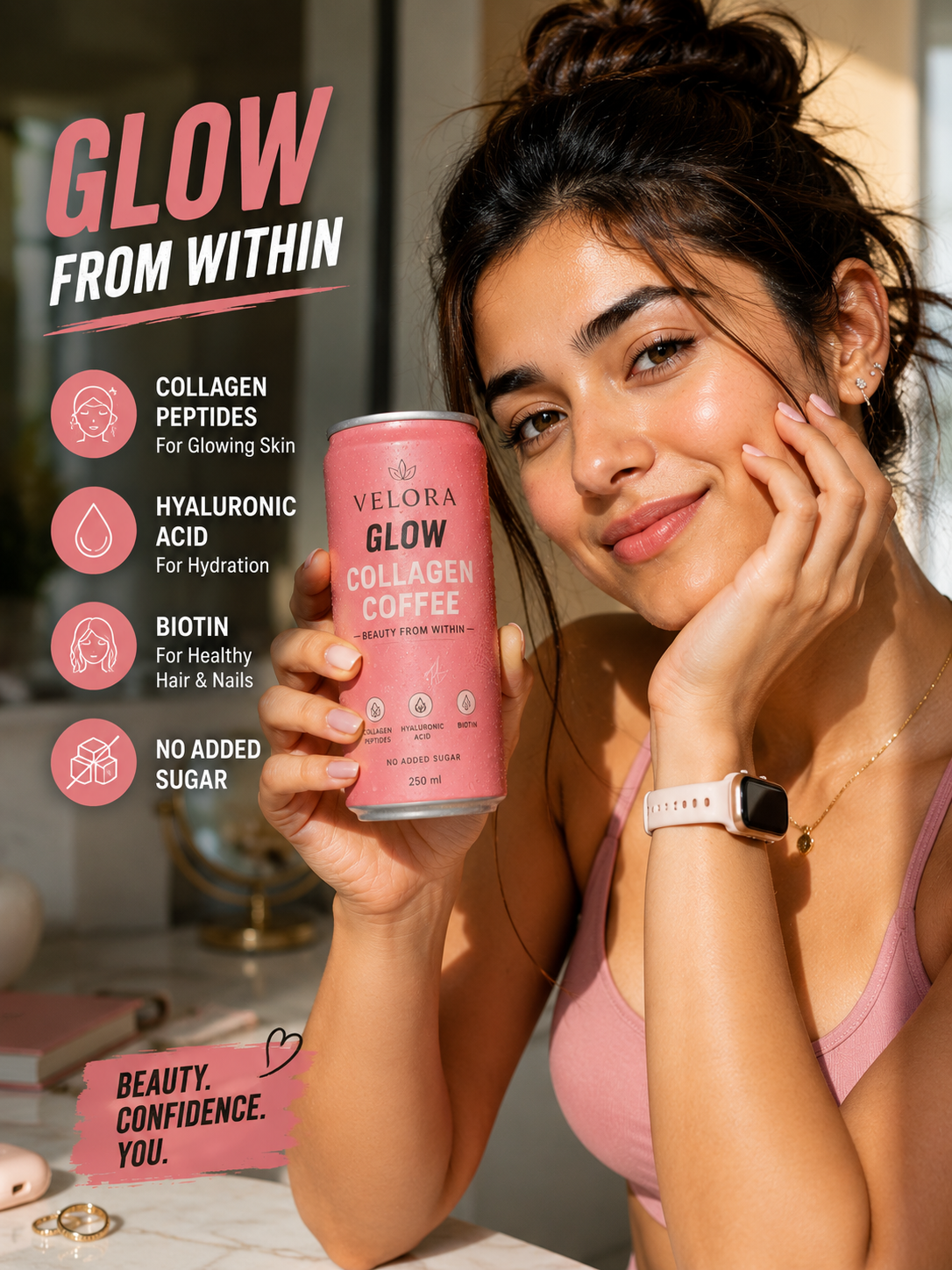 Indian woman holding Velora Glow Collagen Coffee can