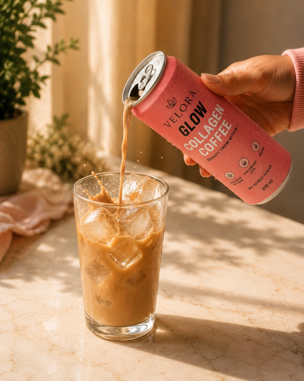 Cold pour Velora Glow Coffee into glass with ice