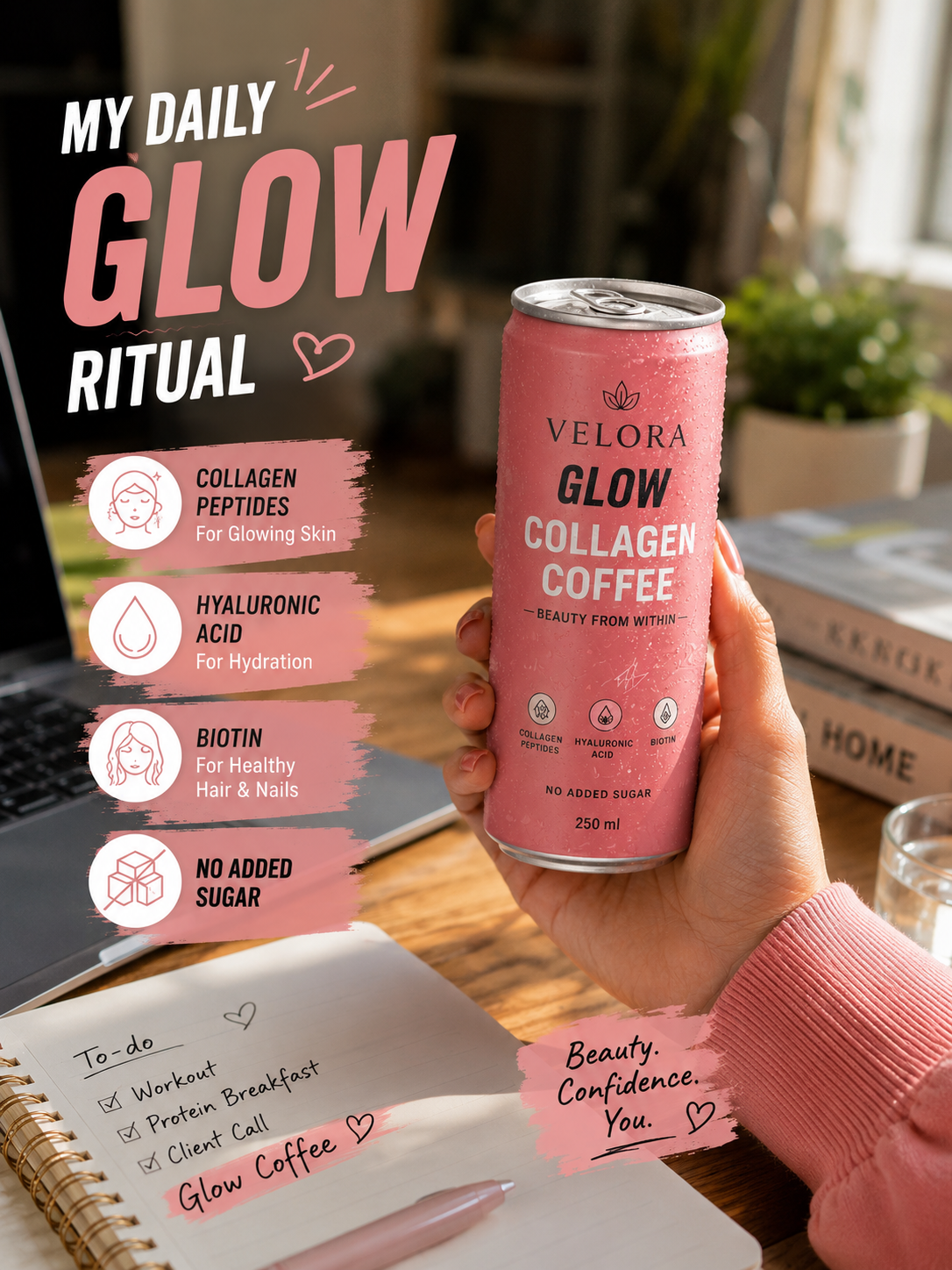 Velora Glow Coffee daily ritual with notebook and laptop