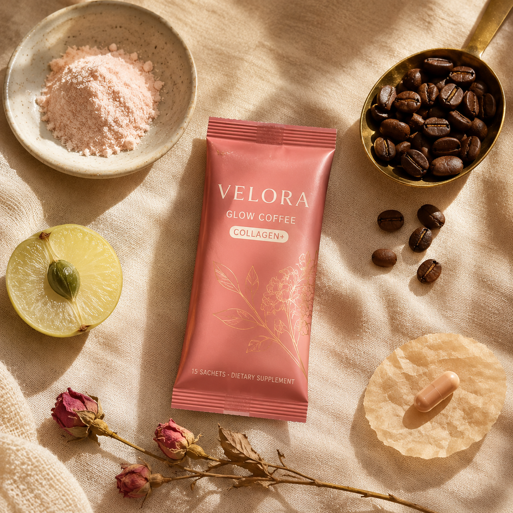 Velora Glow Coffee — ingredient flat-lay with collagen powder, coffee beans, biotin, dried roses