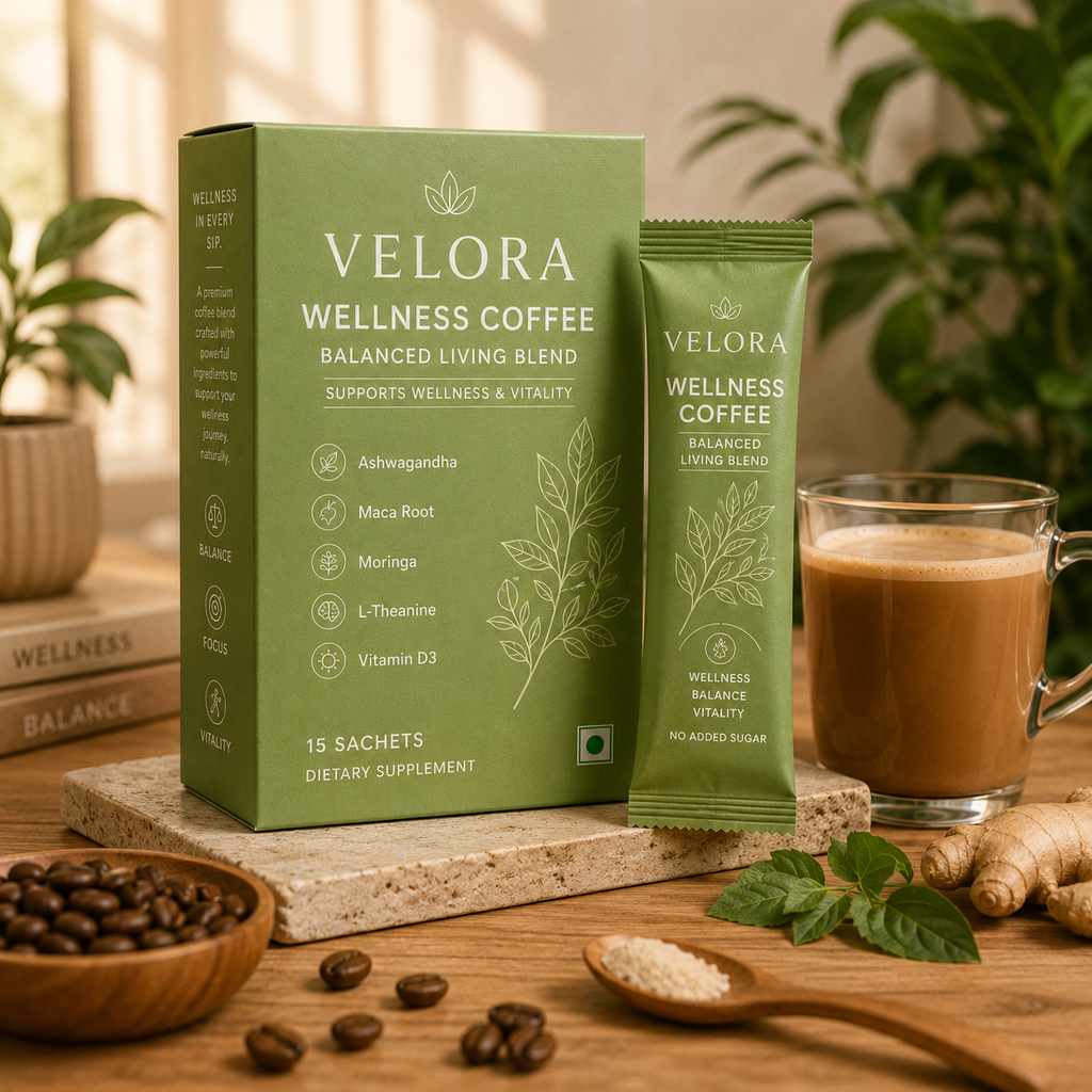 Velora Wellness Coffee — sage-green sachet packaging hero