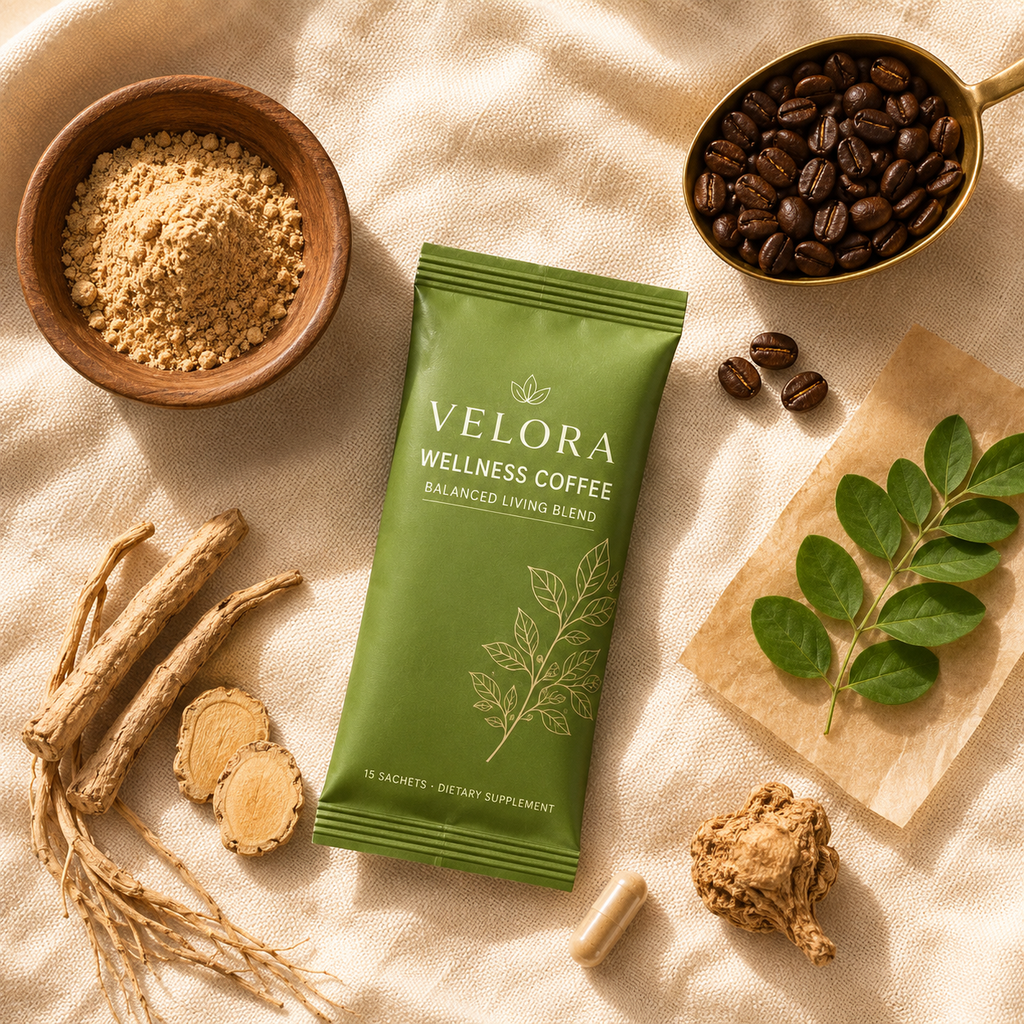 Velora Wellness Coffee ingredient flat-lay with ashwagandha, maca, moringa