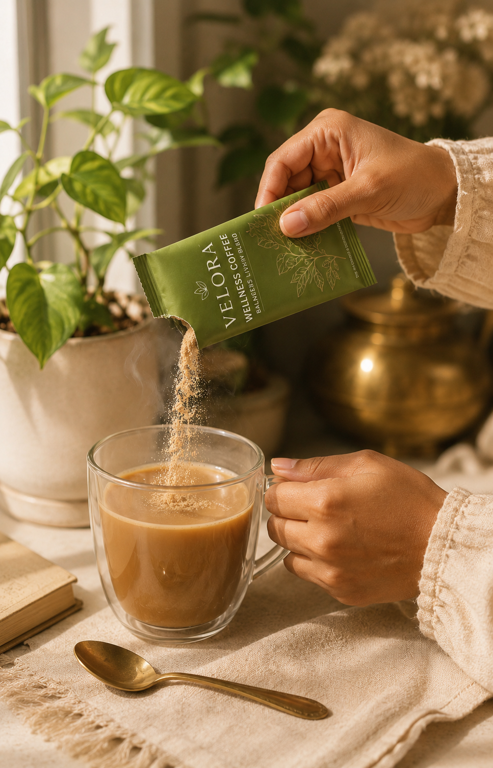 Pouring Velora Wellness Coffee sachet into a glass mug