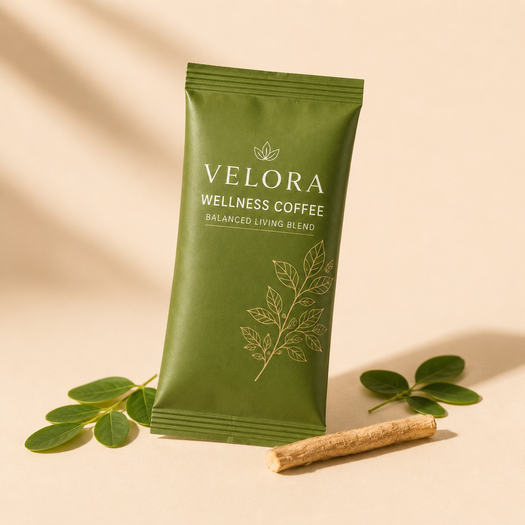Velora Wellness Coffee sachet hero shot on cream backdrop