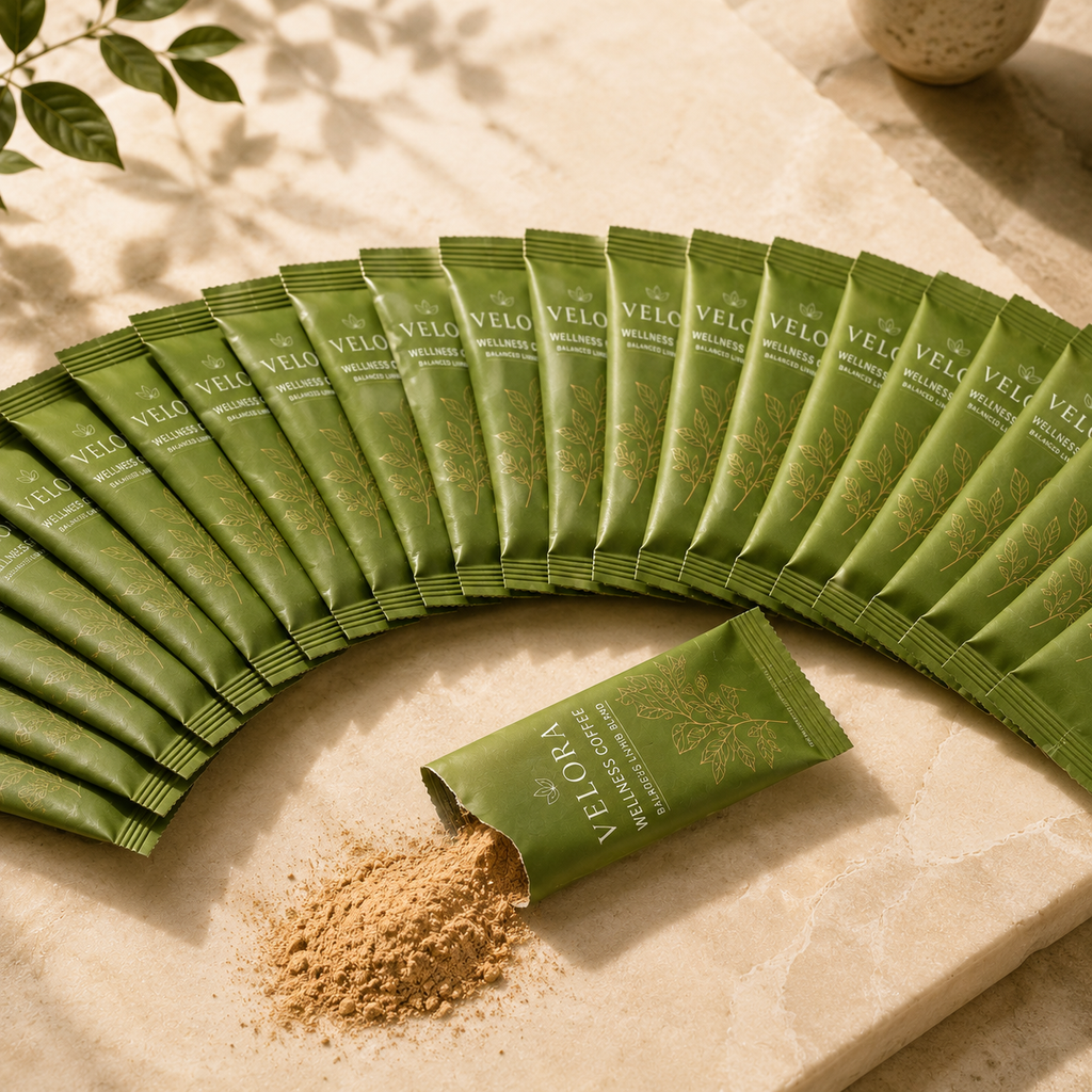 Velora Wellness Coffee 30 sachets fanned out