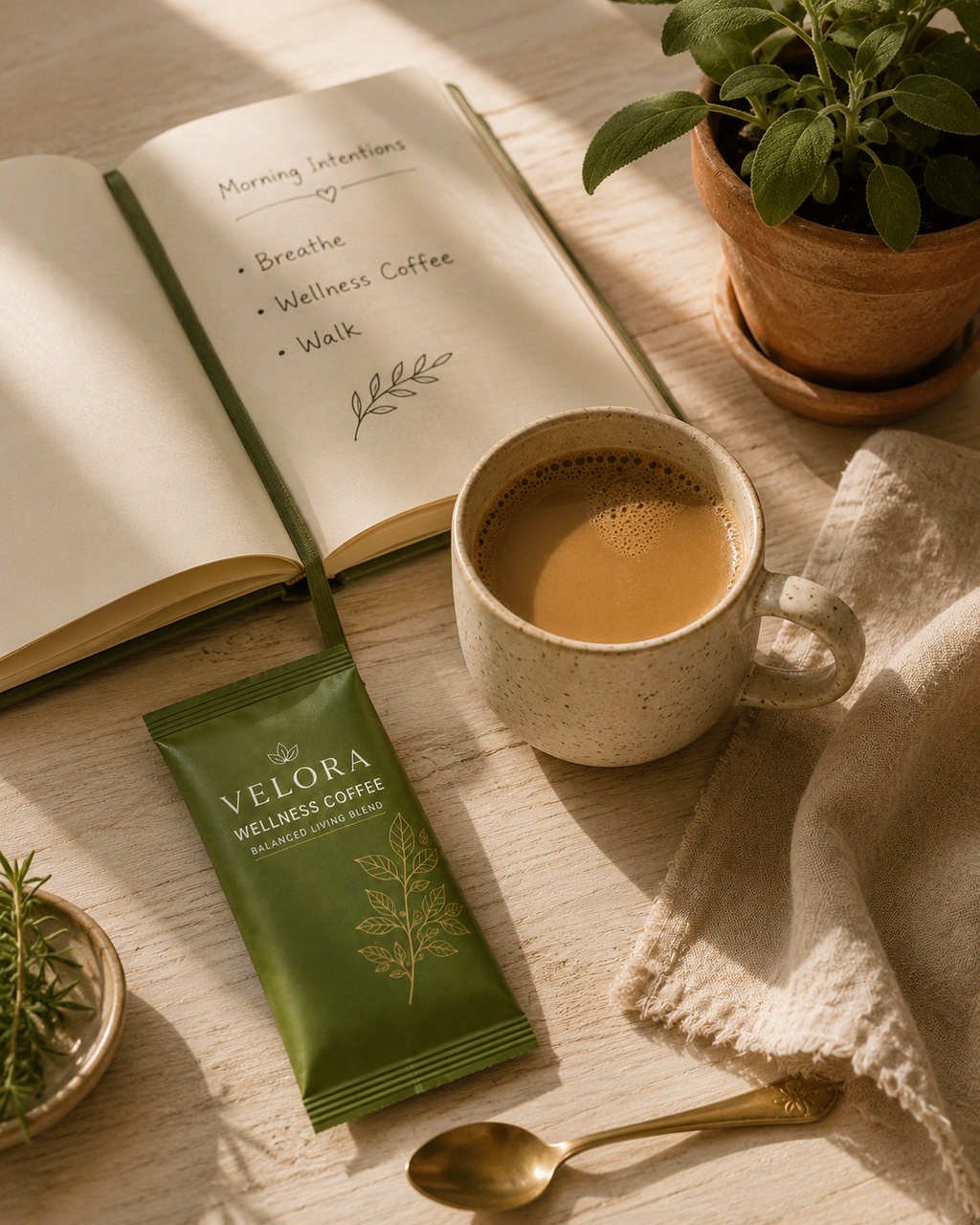 Morning ritual flat-lay with Velora Wellness Coffee, journal, sage plant