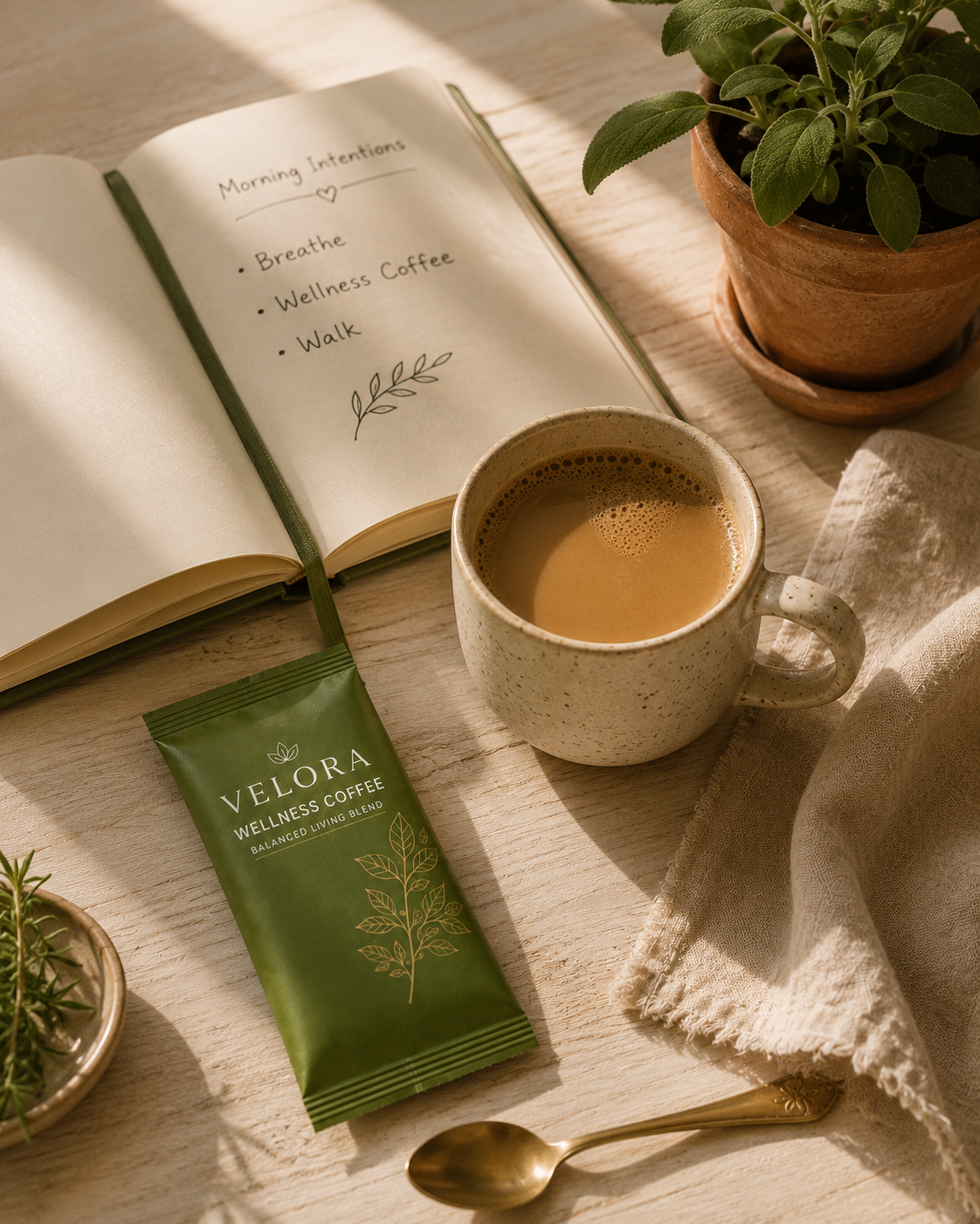 Morning ritual flat-lay with Velora Wellness Coffee, journal, sage plant